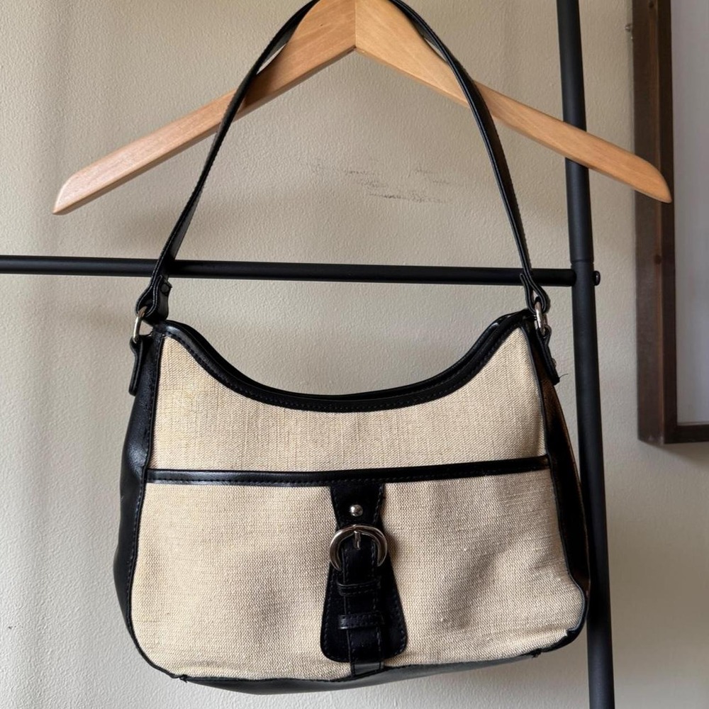 Y2K Black Beige Canvas Shoulder Bag Ring Buckle Hobo Purse